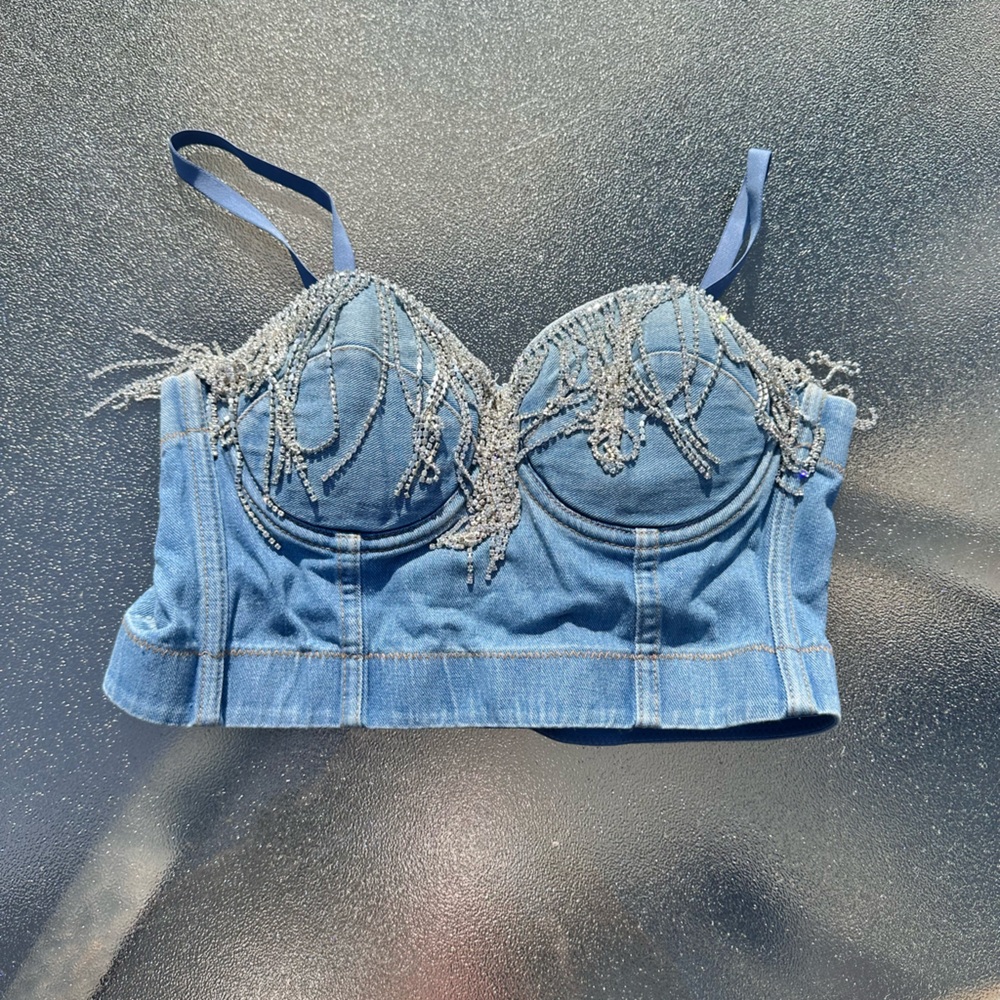 Denim and Rhinestone Corset Crop Top